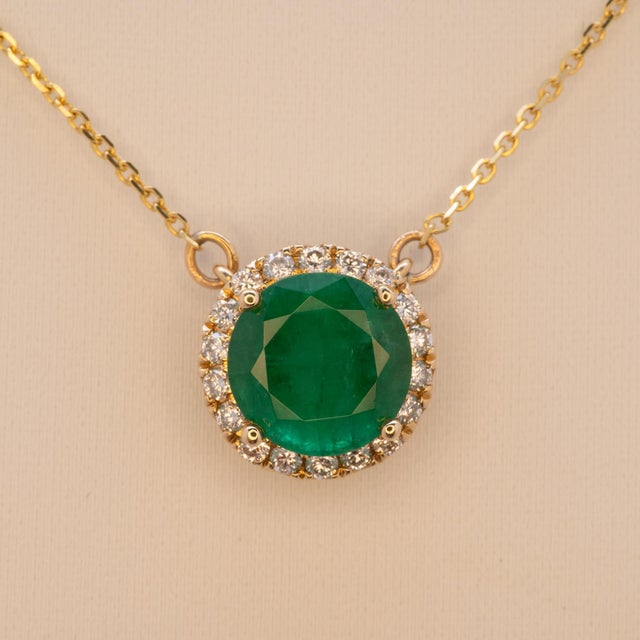 2020s 1.8Ct Zambian Emerald Necklace With Natural Diamond Accents: Solid 14k Gold, 8mm For Sale - Image 5 of 9