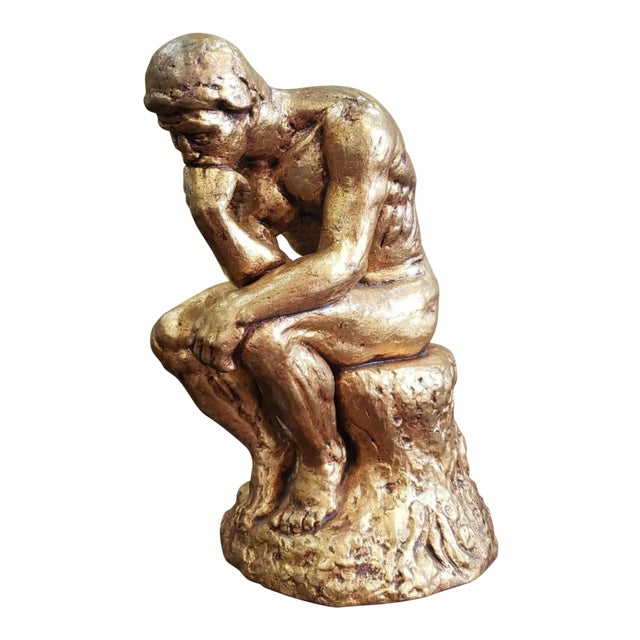 Mid 20th Century After Auguste Rodin "The Thinker" Gold Chalkware Sculpture For Sale