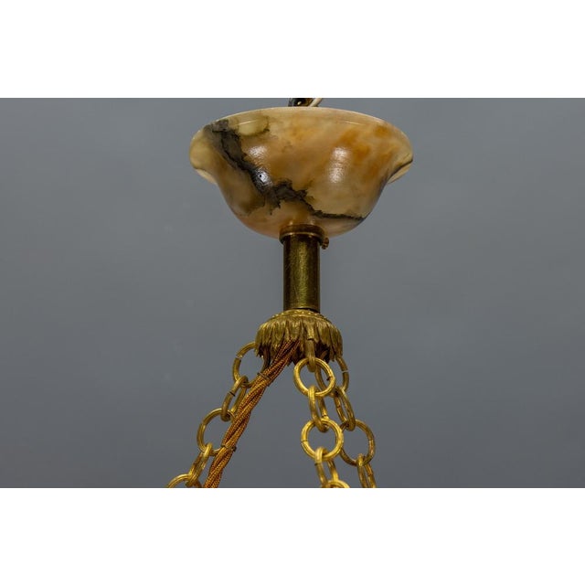 French Art Deco Yellow Alabaster Pendant with Dark Veining & Brass, 1920s For Sale - Image 14 of 18