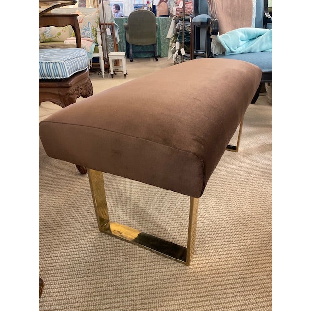 Chocolate Mid Century Modern Polished Brass Bench With Chocolate Brown Velvet Seat For Sale - Image 8 of 9