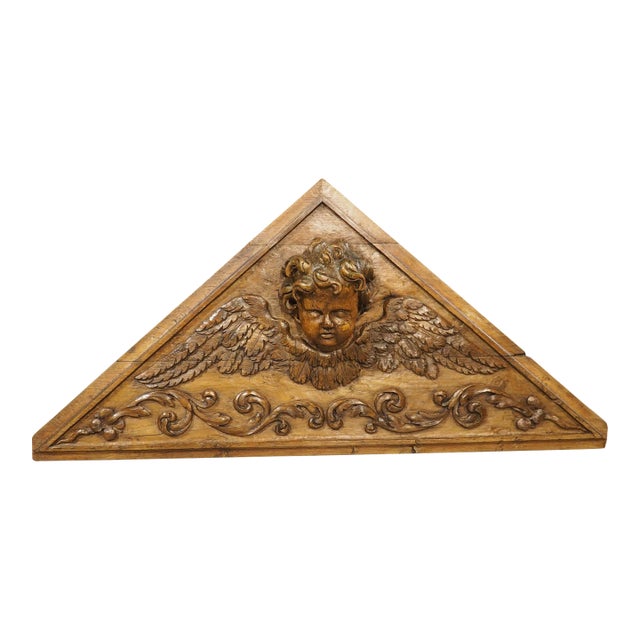18th Century French Carved Oak Overdoor Pediment With Winged Cherub For Sale
