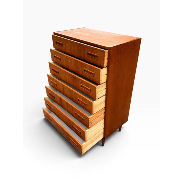 Wood Mid-Century Danish Modern Teak Tallboy Dresser | Chest of Drawers With Carved Pulls For Sale - Image 7 of 15