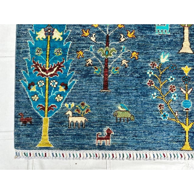 Textile Blue Afghan Pictorial Tree of Life Hand-Knotted Wool Rug - 7'10" X 5'9" For Sale - Image 7 of 11