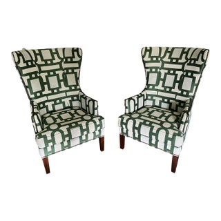 Pair of Custom Bassett Wingback Armchairs With Nailhead Trim in Green & White Geometric Fabric For Sale