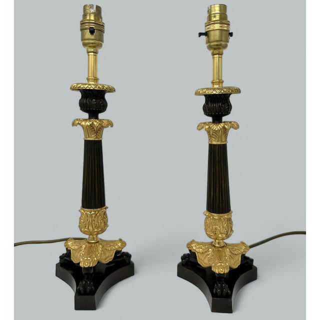 19th Century Antique Pair French Doré Bronze Neoclassical Ormolu Gilt Candlestick Table Lamps For Sale - Image 5 of 10