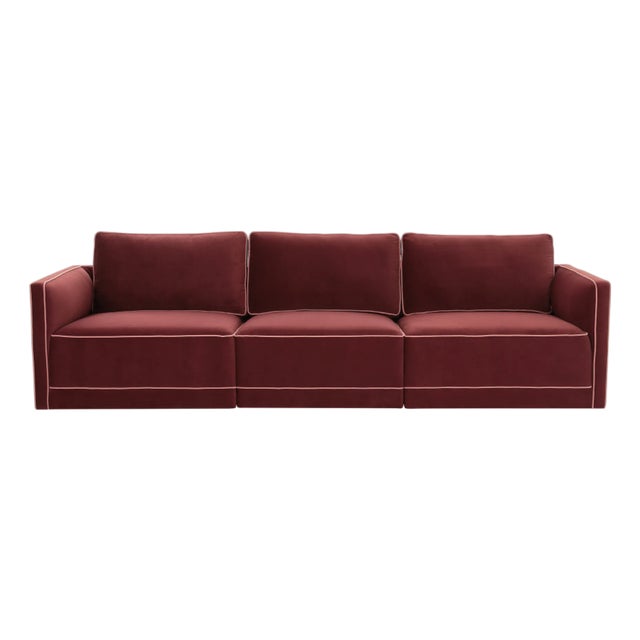 Willow Berry Red with Mauve Piping Modular Performance Velvet Sofa For Sale