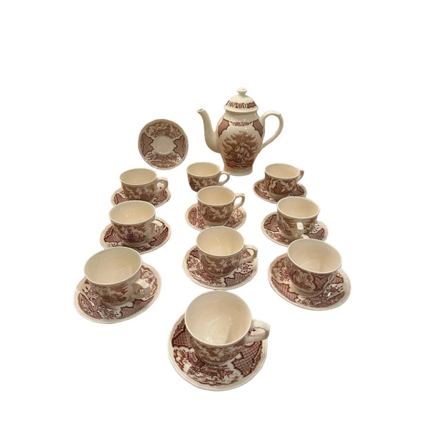 Detailed Alfred Meakin Staffordshire Fair Winds Tea Set - 1 Teapot, 1 Teapot Lid, 10 Teacups and 10 Saucers. The pattern...