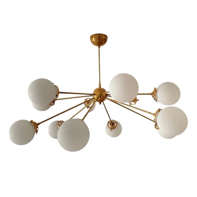 Sputnik Chandelier in Brass with 12 Opaline Spheres For Sale