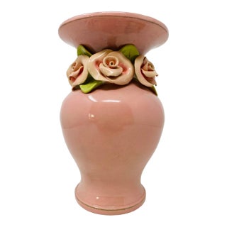 Handmade Ceramic Pink Vase Surrounded With Dimensional Flowers For Sale