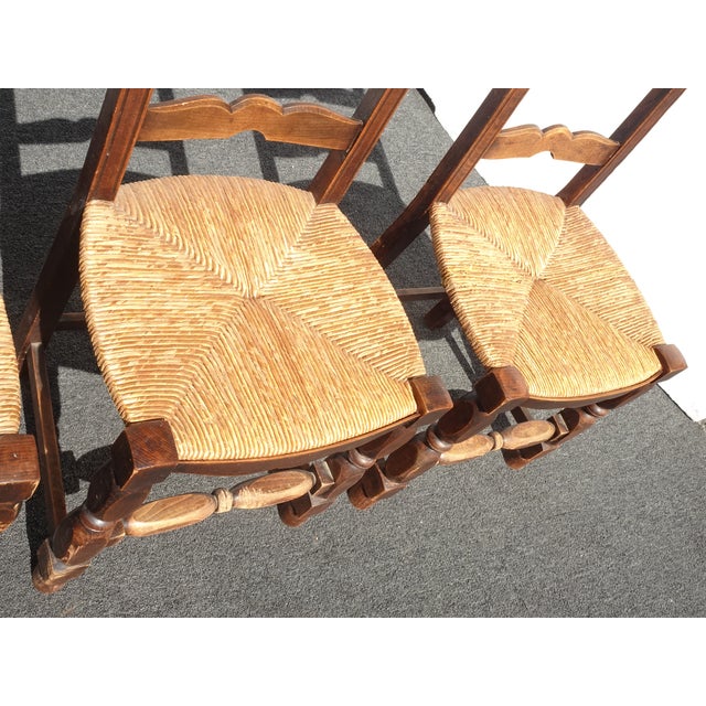 Set of Four Antique French Country Brown Rush Ladderback Chairs For Sale - Image 12 of 18