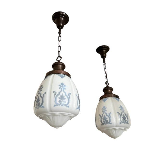 American 1910s Melon Shaped White SND Blue Damask Pattern Glass Fixtures on Original Payina Holders - a Pair For Sale - Image 3 of 9