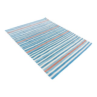 Handwoven Cotton Area Rug, Natural Vegetable Dyed, Blue, Red and Yellow Striped Dhurrie - 8'x10' For Sale
