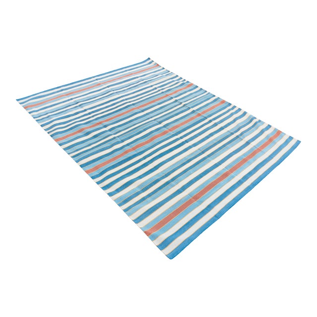 Handwoven Cotton Area Rug, Natural Vegetable Dyed, Blue, Red and Yellow Striped Dhurrie - 8'x10' For Sale