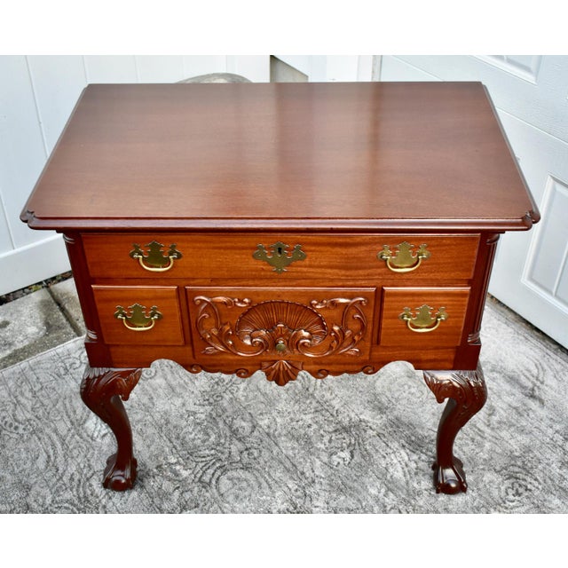 Brown Vintage Carved Mahogany Georgian Style Five Drawer Lowboy For Sale - Image 8 of 13