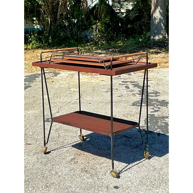 Mid-Century Modern Vintage Swedish Teak Bar Cart With Serving Trays - Set of 3 For Sale - Image 3 of 10