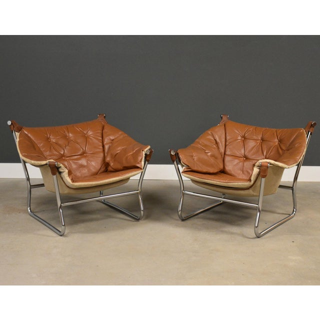 Mid-Century Modern 1970s Tormod Alnaes Leather Sling and Chrome Lounge Chairs - A Pair For Sale - Image 3 of 12