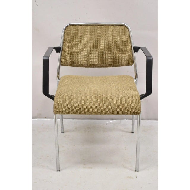 Vintage Sculpted Chrome Frame Post Mid Century Modern Office Arm Chair Item features black painted metal armrests, sleek...