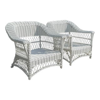 Vintage Handwoven Rattan Lounge Chairs With Braided Trim, Pair For Sale