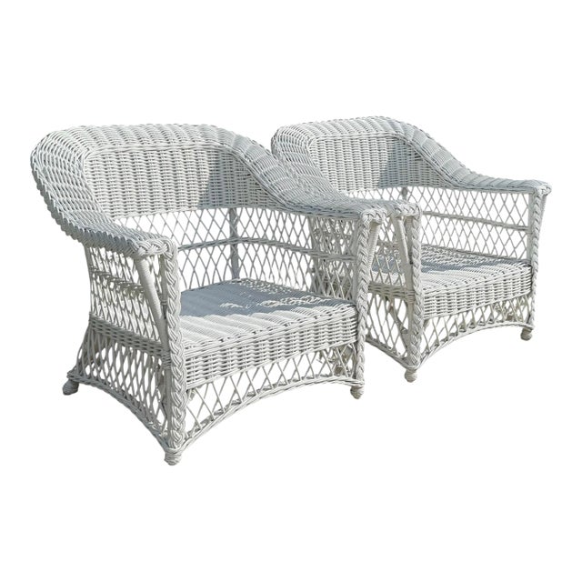Vintage Handwoven Rattan Lounge Chairs With Braided Trim, Pair For Sale
