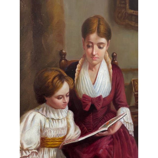 Victorian Large Oil Painting Ornate Gold Gilt Framed Signed Mother & Child Reading Scene Vintage For Sale - Image 3 of 9