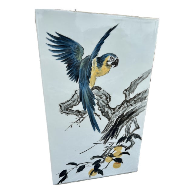 1980s Chinese Chinoiserie Parrot Porcelain Floor Vase / Umbrella Stand For Sale