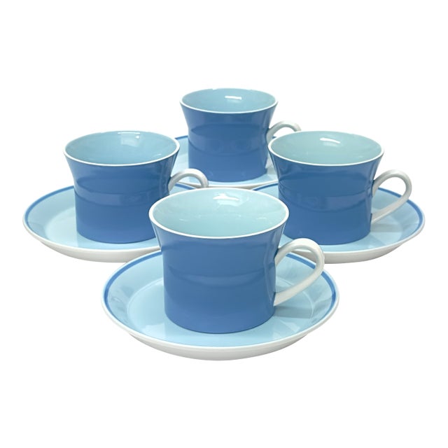 Classic Mid-Century Blue on Blue Coffee Cups & Saucers by Mikasa Japan - 8 Pieces / Serves 4 For Sale