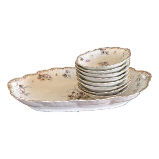 Antique Botanical Limoges Porcelain Berry Dessert Set Platter 8 Bowls Floral Gilt For Sale