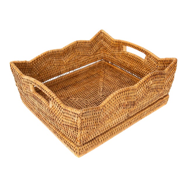 Artifacts Rattan Scallop Collection Shelf Basket in Honey Brown - 14" For Sale