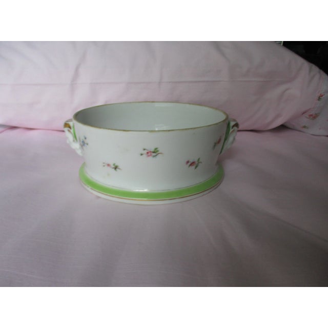 Late 20th Century Antique French Porcelain White & Green With Flowers & Pan Face Handles Bowl For Sale - Image 5 of 13