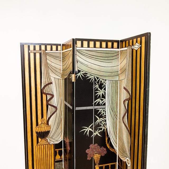 1960s Hollywood Regency Chinoiserie Black Lacquer & Gilt Four-Panel Room Divider For Sale In Los Angeles - Image 6 of 15
