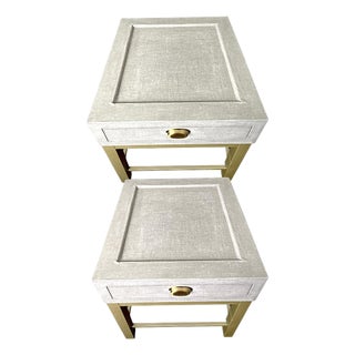Pair of Modern Gray Linen Fabric Wrapped (And Sealed) Side/End Tables or Nightstands With Champagne Metal Legs For Sale