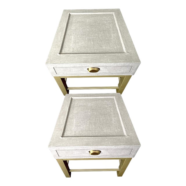 Pair of Modern Gray Linen Fabric Wrapped (And Sealed) Side/End Tables or Nightstands With Champagne Metal Legs For Sale