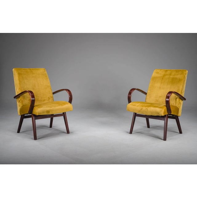 Model 53 Armchairs in Mustard Velvet attributed to Jaroslav Smidek for Ton, 1960s, Set of 2 For Sale - Image 11 of 11