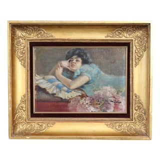 A. Villa, Girl Lying Down, Oil Painting on Board, Late 19th Century, Framed For Sale