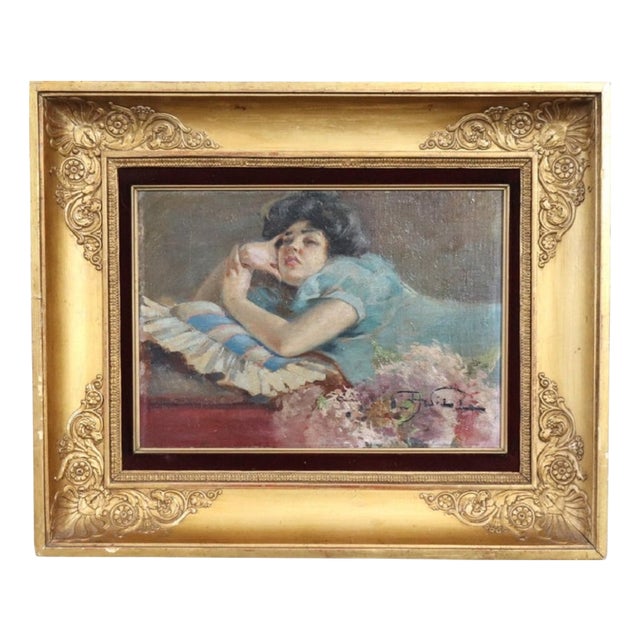 A. Villa, Girl Lying Down, Oil Painting on Board, Late 19th Century, Framed For Sale
