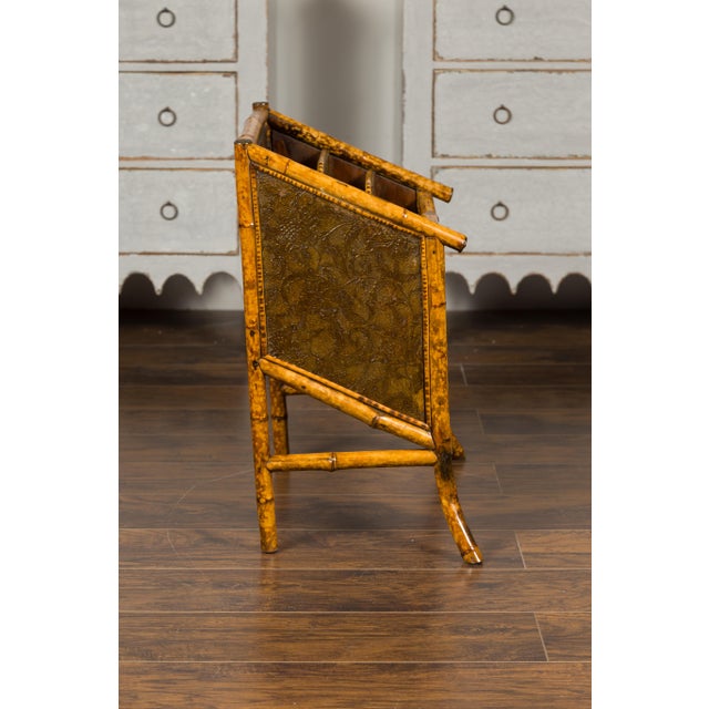 Chinoiserie English 1900s Bamboo Leather Canterbury Magazine Rack with Chinoiserie Motifs For Sale - Image 3 of 12