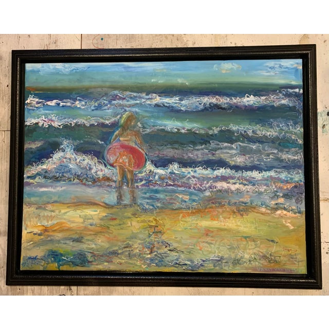 Waves', Oil Painting, 46.25"x35.25", Framed Coastal Art, beach house art. A small girl in her innertube watching the waves...