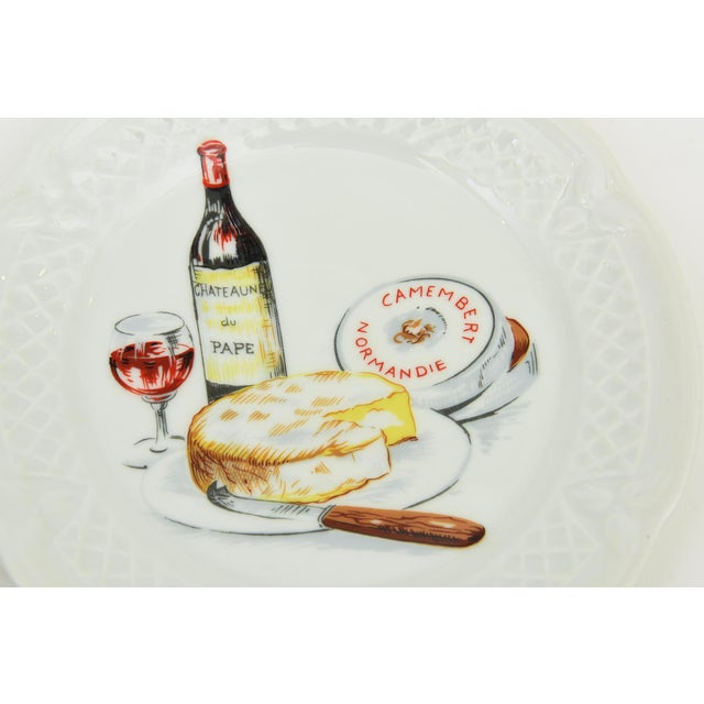 Red Vintage French Coastal Porcelain Appetizer Plates of Lobster, Wine, Cheese by Lourioux, Set of 6, 1950's For Sale - Image 8 of 12