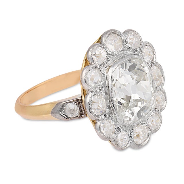 1910s 1910s Belle Epoque French Gia 3.04 Carat Old Mine Cut Diamond 18k Gold Cluster Ring, Size 6.5 For Sale - Image 5 of 8