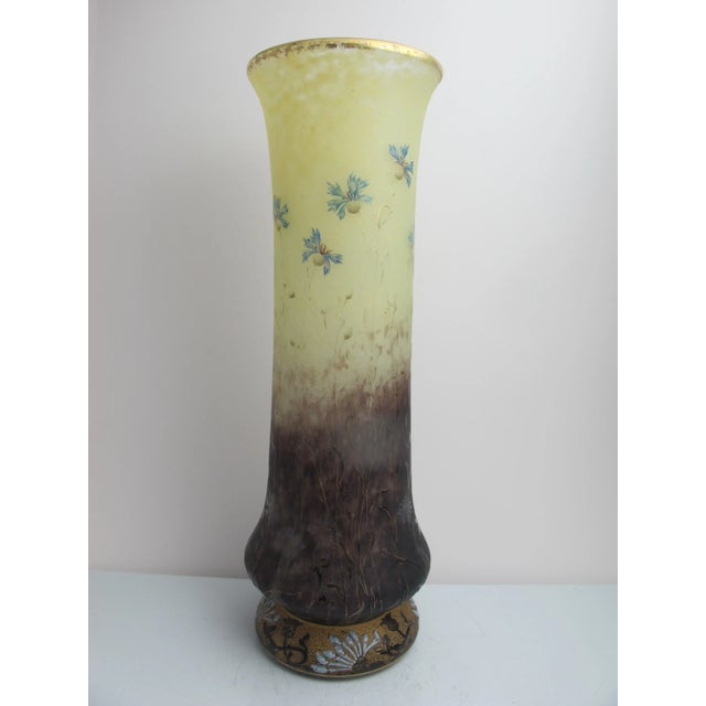 Art Nouveau Antique Daum Nancy Etched & Enamel Gilt Flower Vase15" Tall Art Glass Vase For Sale - Image 3 of 11