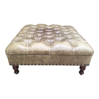 1990s Vintage Distressed Gray Leather Tufted Ottoman For Sale