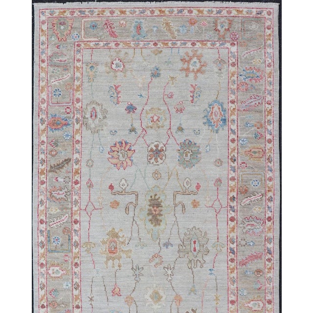 Oushak Gallery Rug With Soft Ivory Field and Accents in Light Blue 4'0 X 10'2 For Sale - Image 4 of 12