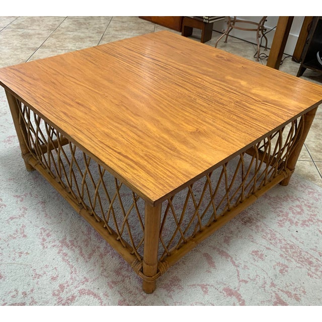Mid-Century Modern Vintage Philippine Rattan & Bamboo Lattice Coffee Table – 32” Square For Sale - Image 3 of 7