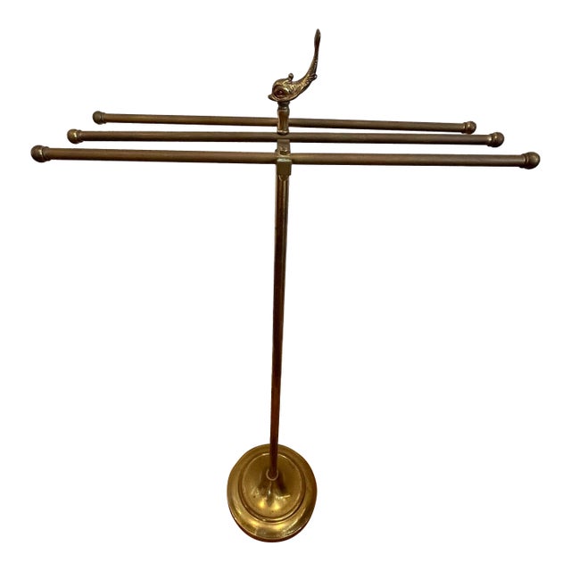 Hollywood Regency Brass Towel Rack Valet Stand 1960s Fish Motif For Sale