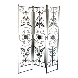 Vintage Regency Black Wrought Iron 3 Panel Room Divider For Sale
