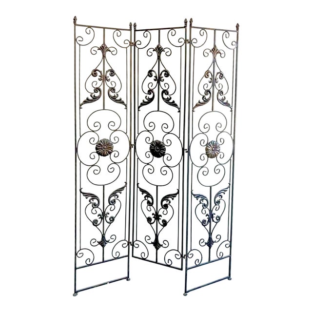 Vintage Regency Black Wrought Iron 3 Panel Room Divider For Sale
