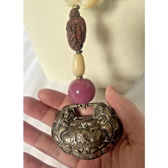 Metal Early 20th Century Chinese Repousse Silver Amulet Pendant Necklace For Sale - Image 7 of 9