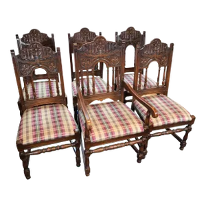1920s Antique Set of Six Tudor Style Carved Dining Chairs