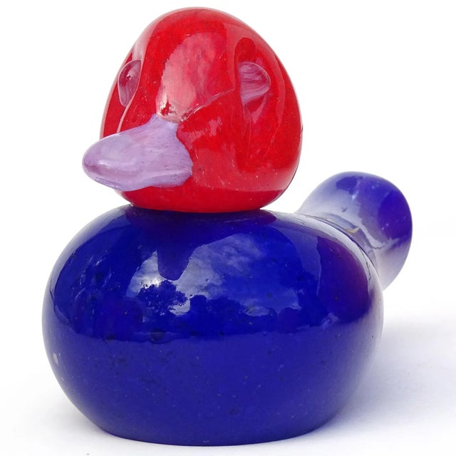 Abstract Gambaro Poggi Murano Vintage Red Blue Lavender Purple Italian Art Glass Bird Duck Figurine Paperweight For Sale - Image 3 of 6