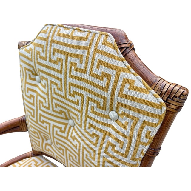 Wood Palecek Pavilion Rattan Armchairs, Pair, Custom Greek Key Fabric, Hollywood Regency Style For Sale - Image 7 of 12